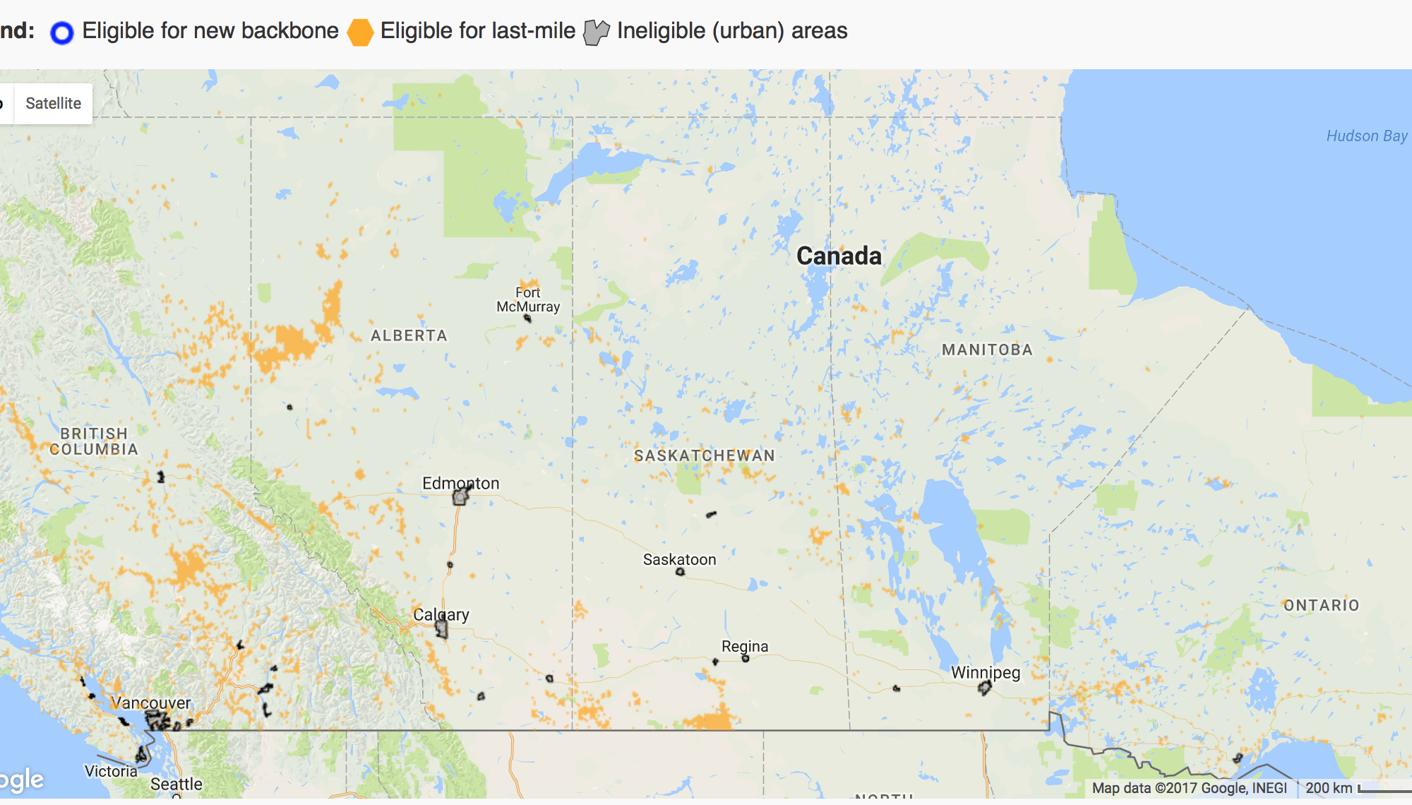 A section of a map from Innovation Canada showing areas eligible for funding under its Connect to Innovate program./ Screenshot via ISED.