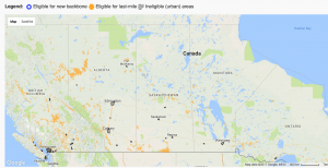 A section of a map from Innovation Canada showing areas eligible for funding under its Connect to Innovate program./ Screenshot via ISED.
