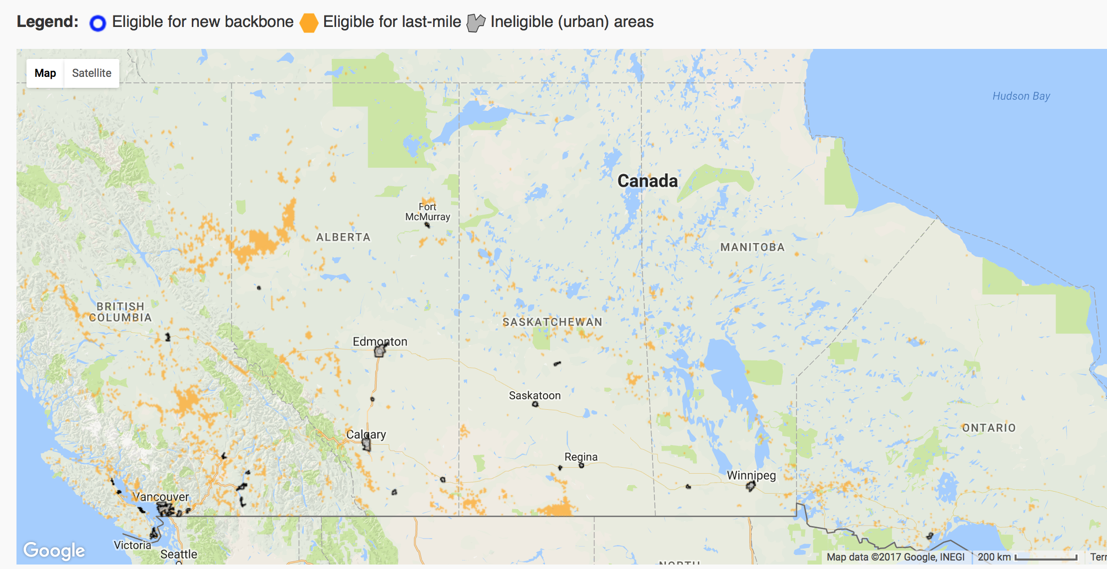 A section of a map from Innovation Canada showing areas eligible for funding under its Connect to Innovate program./ Screenshot via ISED.
