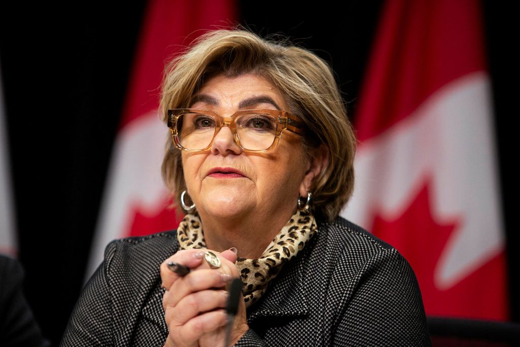 Minister of Rural Economic Development Gudie Hutchings speaks at a press conference in the National Press Theatre on Feb. 13, 2024 (photo by Andrew Meade).