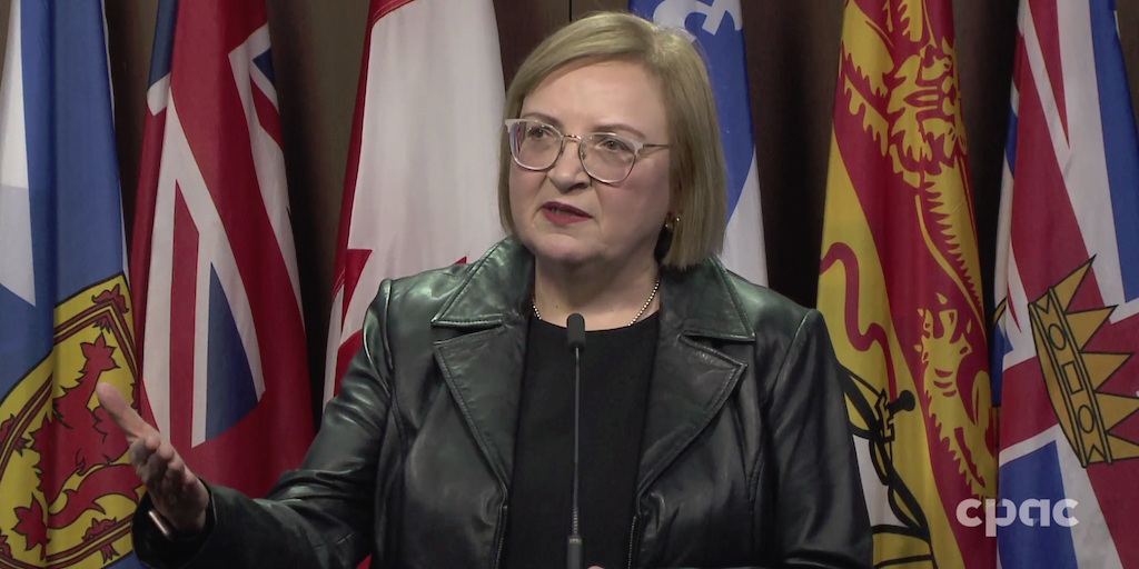 Unifor national president Lana Payne speaking at a media conference on March 19, 2024 (screenshot via CPAC).