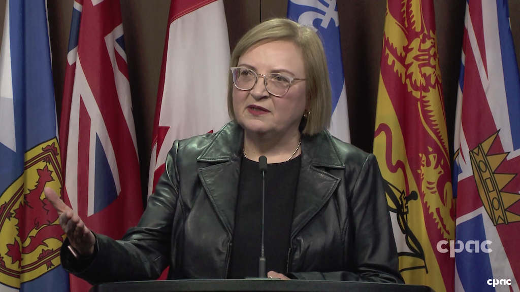 Unifor national president Lana Payne speaking at a media conference on March 19, 2024 (screenshot via CPAC).